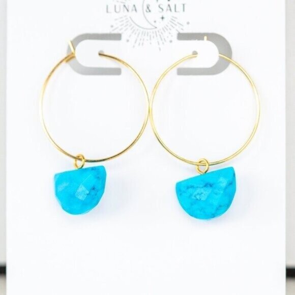 Faceted Turquoise Hoop Earrings – 18K Gold PVD Stainless Steel, Waterproof, Hypo - Picture 6 of 6